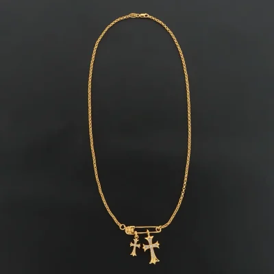 Doppelkreuz-Halskette mit Diamantstift in Gold