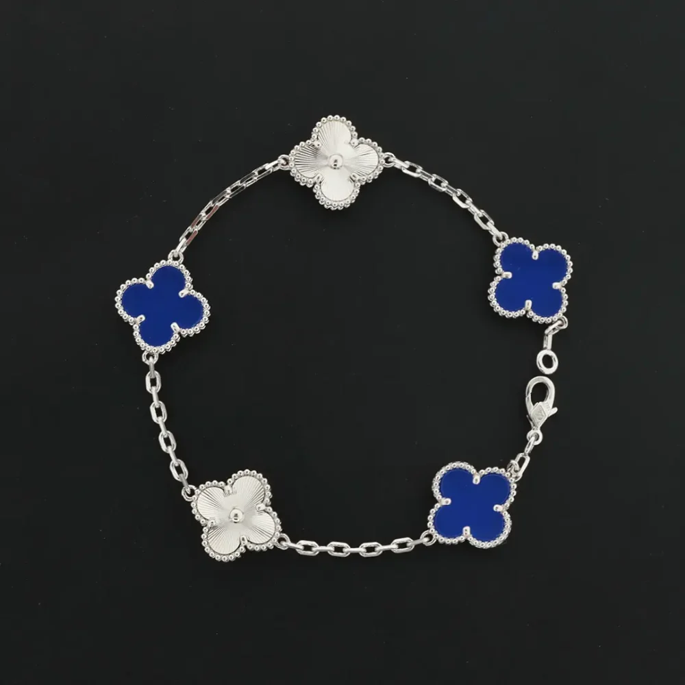 Blaues Perlmutt-Laserblumenarmband Silber