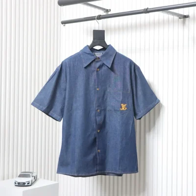 Kurzärmeliges Anzughemd aus Denim mit Hanfseilstickerei