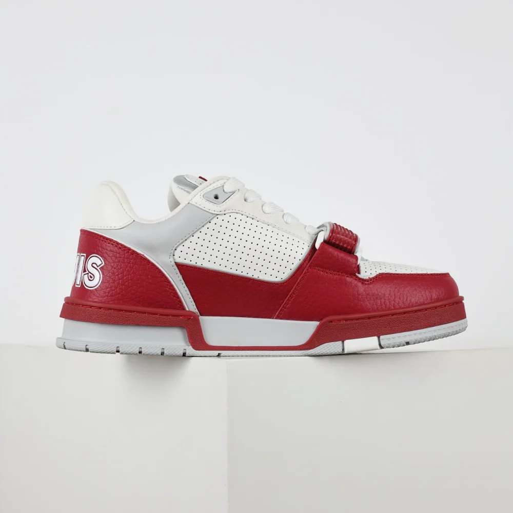 Trainer Modische Low-Top-Sneaker mit runder Spitze und Schnürung Monogramm Denim Rot und Weiß – Bild 4
