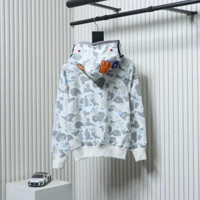 BAPE Haifischkopf Tigerkopf Reißverschluss Camouflage Doppel-Kapuzenpullover Weiß und Blau
