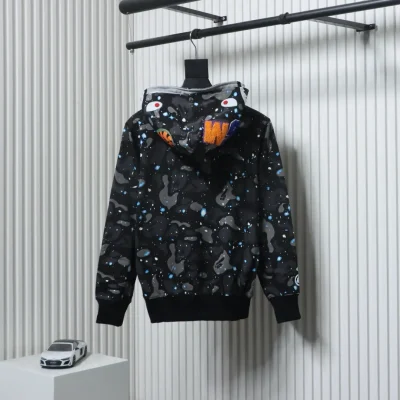 BAPE Haifischkopf Tigerkopf Reißverschluss Camouflage Doppel-Kapuzenpullover Schwarz