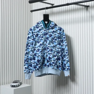 BAPE Haifischkopf Tigerkopf Reißverschluss Camouflage Doppel-Kapuzenpullover blau