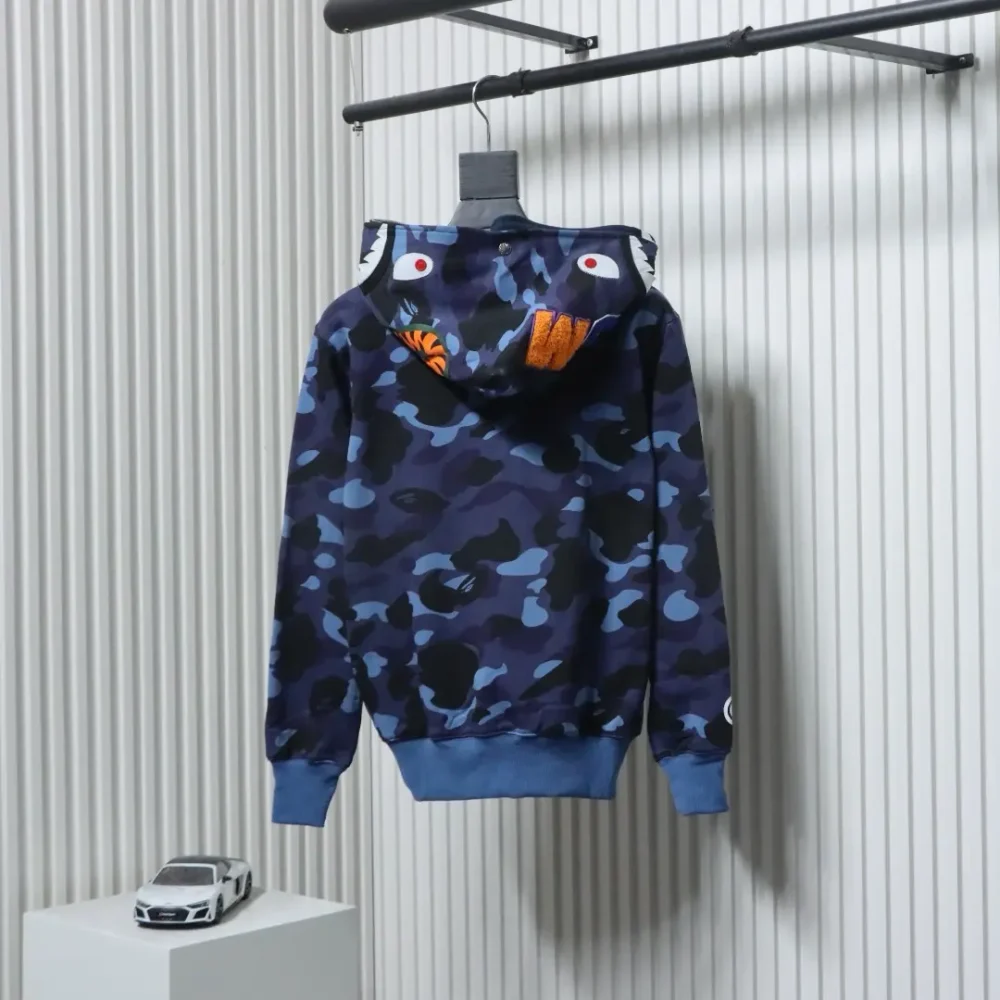 BAPE Haifischkopf Tigerkopf Reißverschluss Camouflage Doppel-Kapuzenpullover blau4