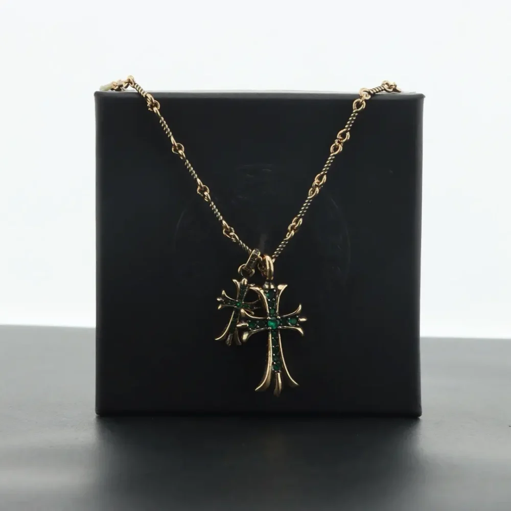 Doppelkreuz-Bambuskette mit grünem Diamanten und Gold – Bild 8