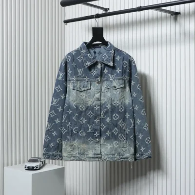 Stark gewaschene vollflächig bedruckte, bestickte Jacquard-Jeansjacke