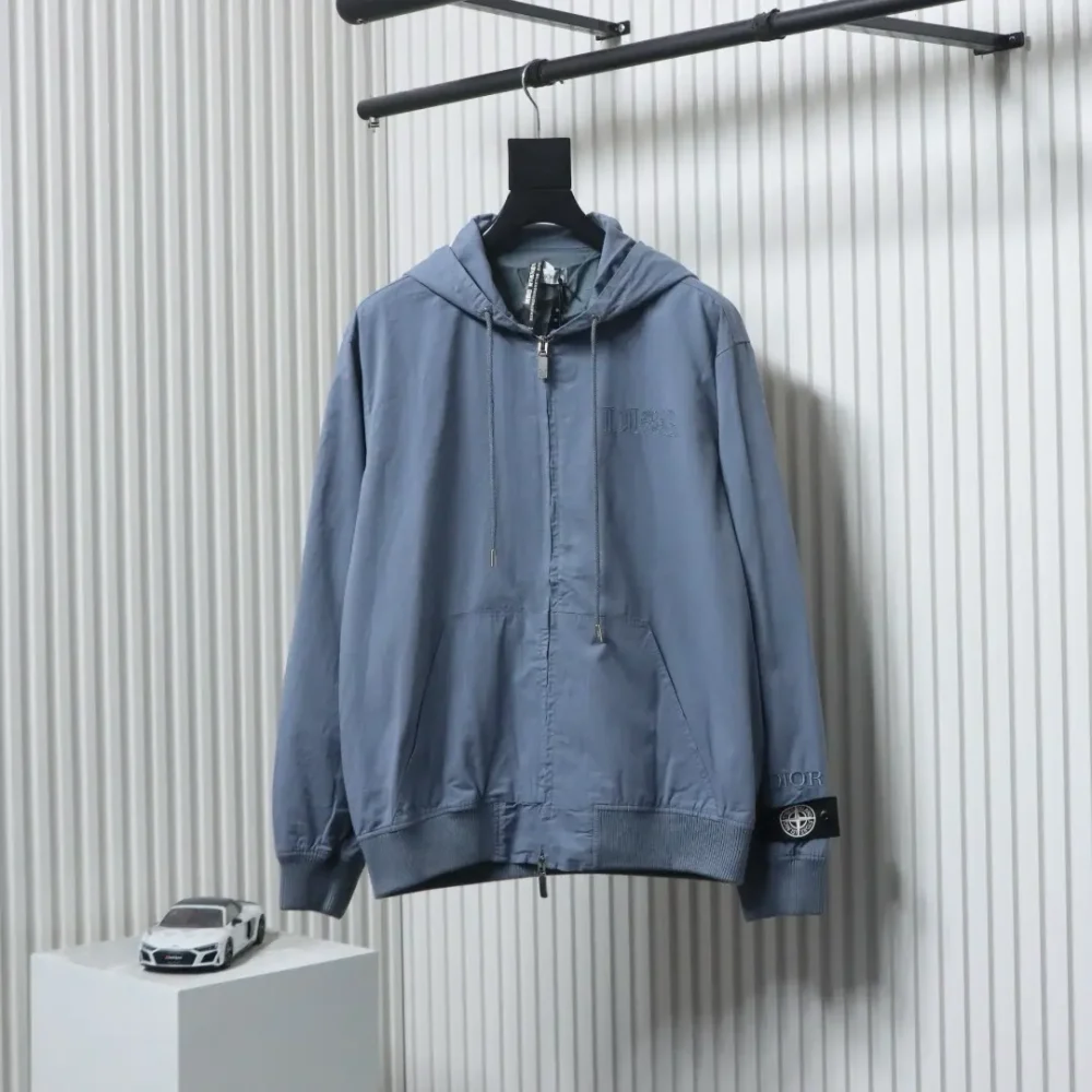 Embroidered lettering hooded windbreaker