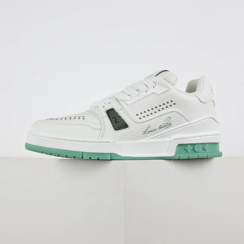 Trainer flache Schnür-Low-Top-Sneaker aus Rindsleder in Weiß und Grün – Bild 6