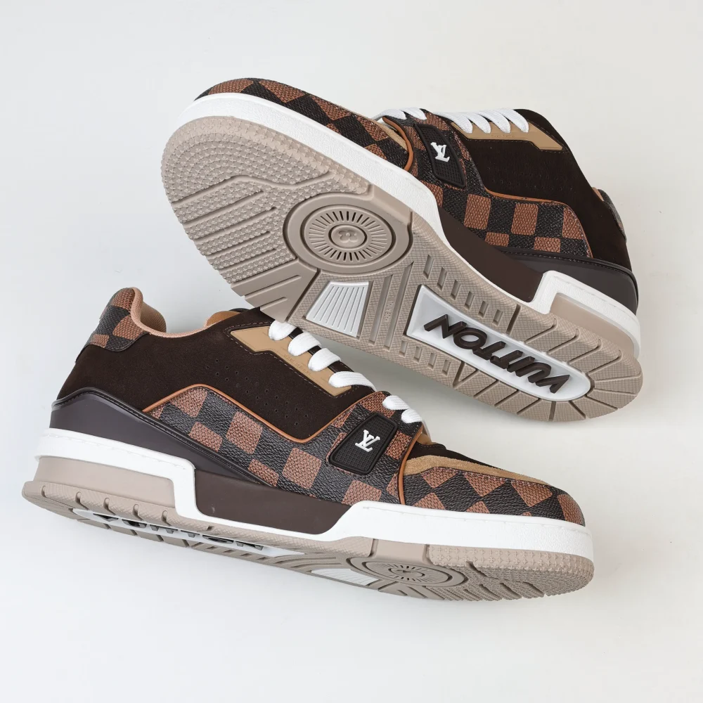 Trainer x Nigo Niedrige Schnürsneaker mit runder Zehenpartie und braunem Schachbrettmuster – Bild 9
