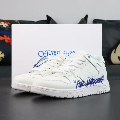 OFF-WHITE Out Of Office Leder-Sneaker, Weiß mit blauer Schrift und Pfeildesign