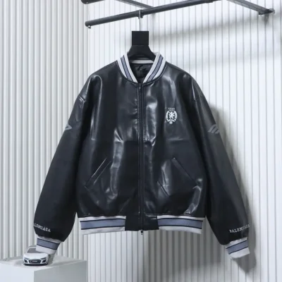 Balenciaga 3M bestickte, graue Leder-Bomberjacke im Baseball-Stil „Man Utd“