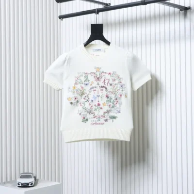 Monet Garden Kreuzstich-Kaschmirpullover mit kurzen Ärmeln