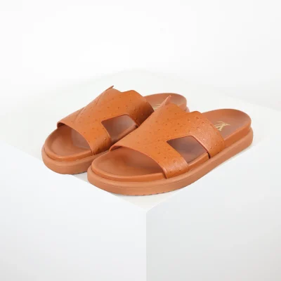 Oasis-Serie, flache Pantoletten aus Straußenleder für Herren, braun