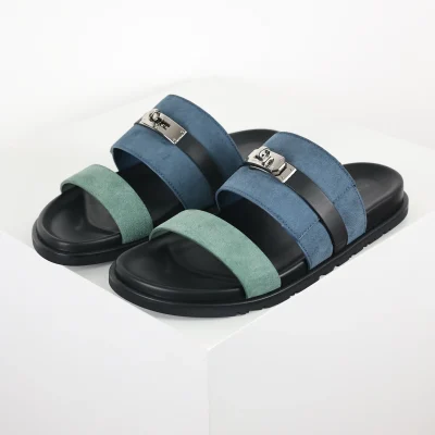 Jackson Flip-Flops aus Kalbsleder, Schwarz und Blau (Mint-Stil)
