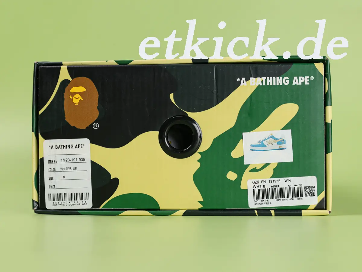 A Bathing Ape BAPE Sta Low Sneaker Weiß-Hellblau aus Lackleder mit goldener Sta-Star Applikation – Bild 13