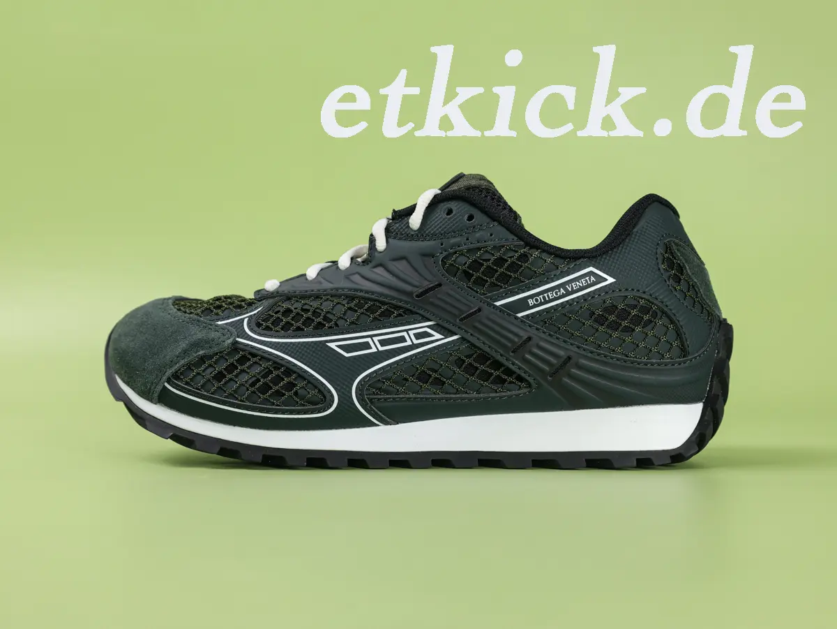 Bottega Veneta Orbit Retro-Laufsneaker Dunkelgrün mit Netzgewebe und Wildleder-Besätzen – Bild 2
