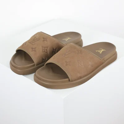 Miami Denim-Mules, Flip-Flops, monogrammiert, erdbraun